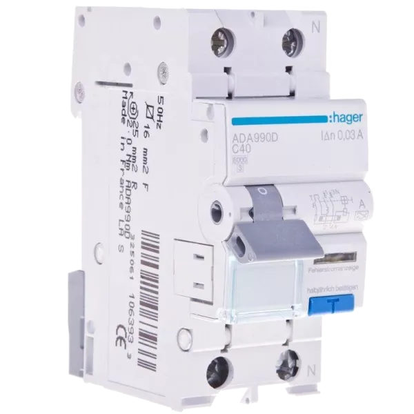 Hager ADA990D Дифавтомат 1P+N, 6kA, C-40A, 30mA, A
