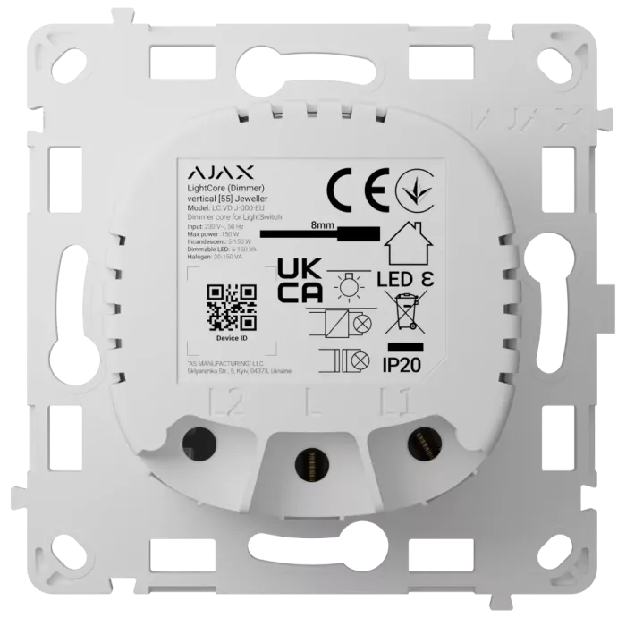 Ajax LightCore (Dimmer) vertical [55] (8EU) ASP white Бездротовий розумний сенсорний димерний вимикач світла