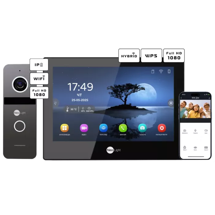 Neolight ALPHA Hybrid Black + SOLO IPW Graphite с уголком, PoE адаптер для вызовной панели Комплект відеодомофону