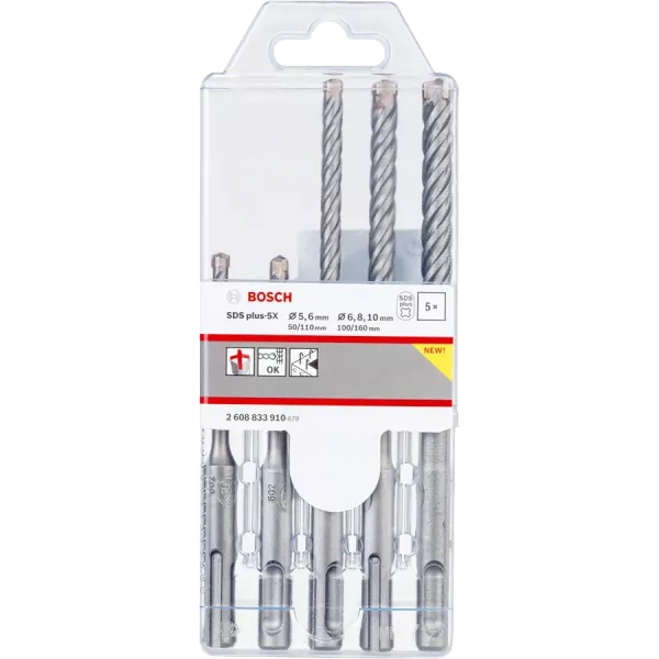 Bosch SDS plus-5X 5шт 5/6 x 110мм; 6/8/10 x 160мм Набір бурів по бетону