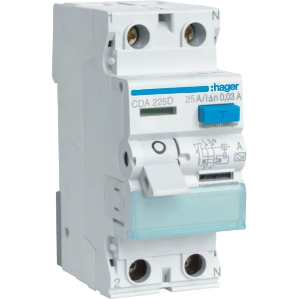 Hager CDA225D Диференціальне реле 2P, 6kA, 25A, 30mA, A