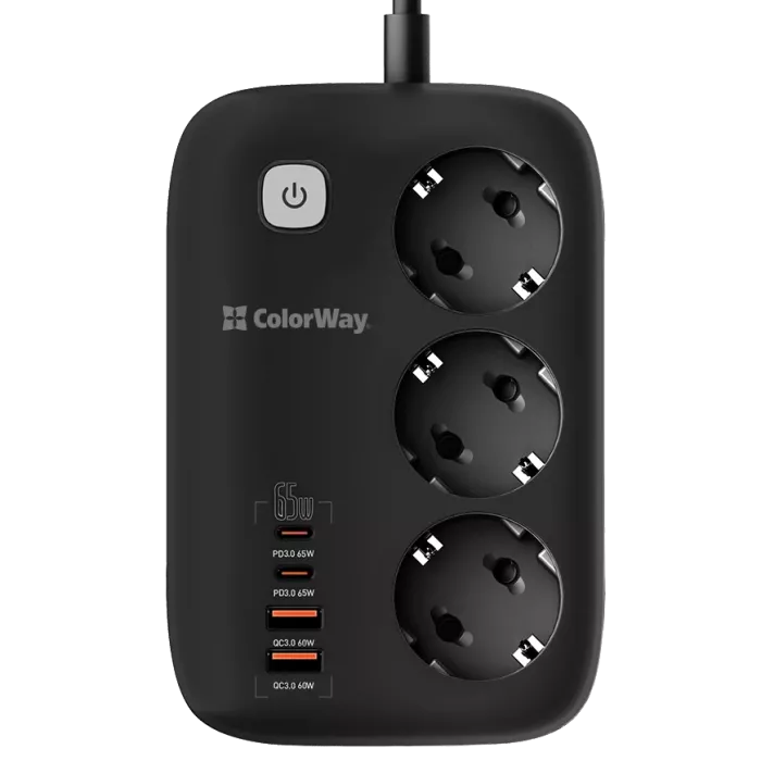 СolorWay CW-CHE34PDB 3 розетки/4USB GaN3 Pro PD Мережевий фільтр