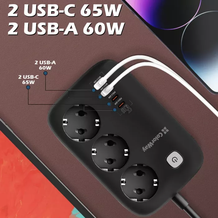 СolorWay CW-CHE34PDB 3 розетки/4USB GaN3 Pro PD Мережевий фільтр