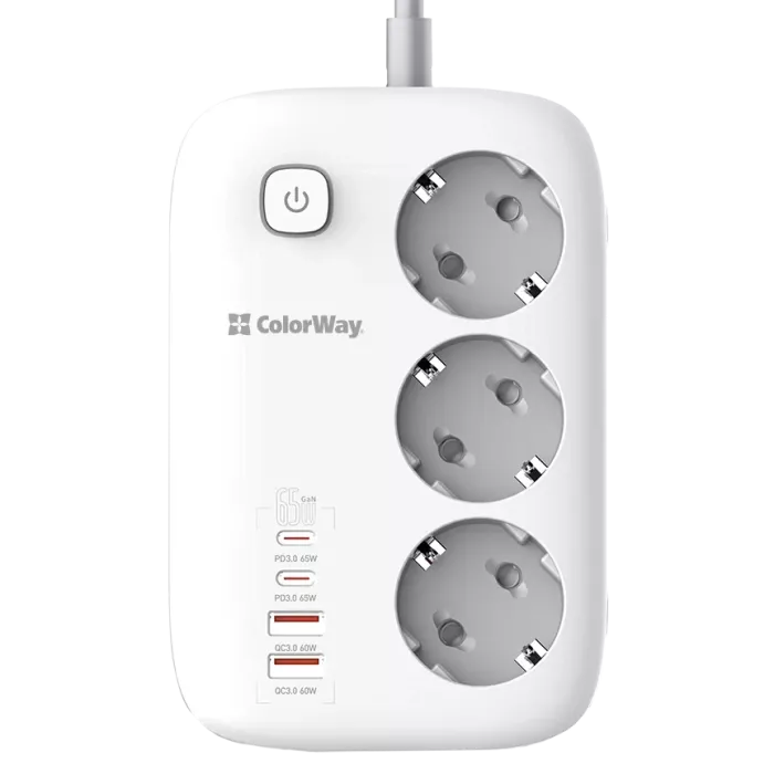СolorWay CW-CHE34PDW 3 розетки/4USB GaN3 Pro PD Мережевий фільтр