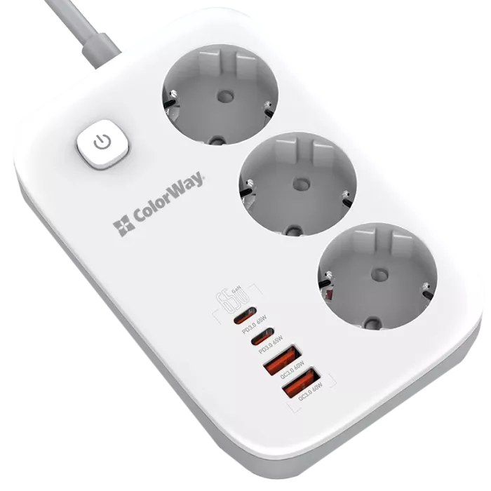 СolorWay CW-CHE34PDW 3 розетки/4USB GaN3 Pro PD Мережевий фільтр