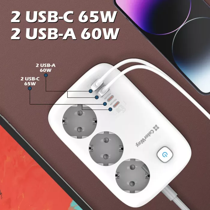 СolorWay CW-CHE34PDW 3 розетки/4USB GaN3 Pro PD Мережевий фільтр