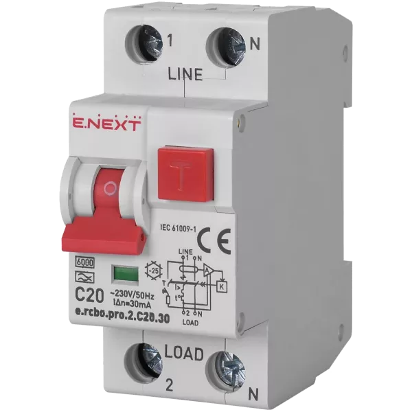 Enext e.rcbo.pro.2.C20.30, 1P+N, 20А, С, тип А, 30 Вимикач диференціального струму із захистом від надструмів