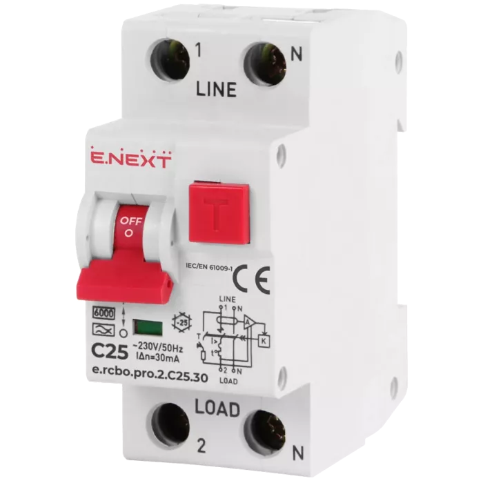 Enext e.rcbo.pro.2.C25.30, 1P+N, 25А, С, тип А, 30 Вимикач диференціального струму із захистом від надструмів