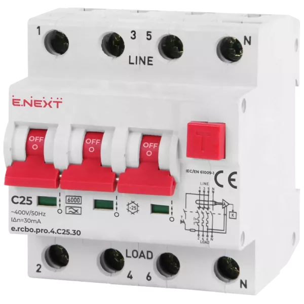 Enext e.rcbo.pro.4.C25.30, 3P+N, 25А, С, тип А, 30 Вимикач диференціального струму із захистом від надструмів