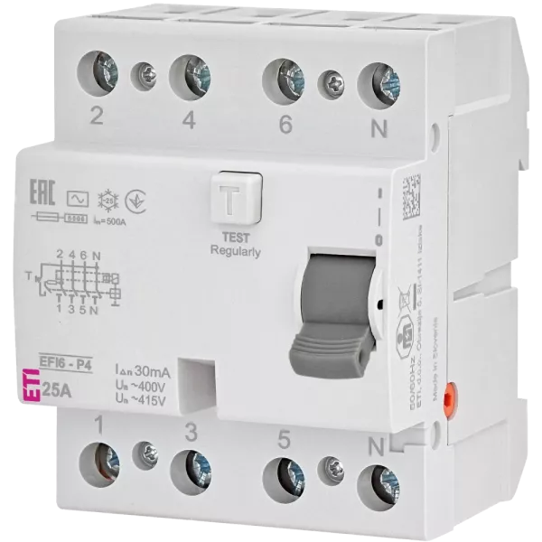 ЕТІ 4р EFI6-P4 25/0,03 тип AC (6kA) Реле дифференциальное (УЗО)