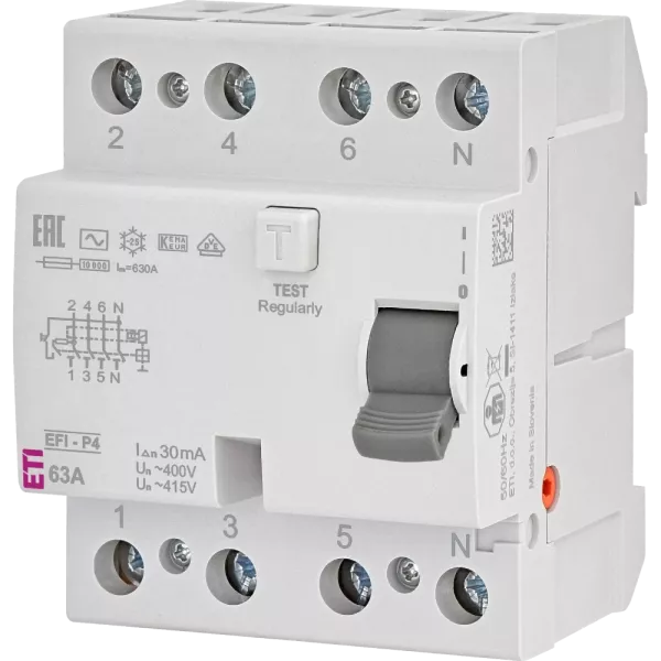 ЕТІ 4р EFI6-P4 63/0,03 тип AC (6kA) Реле дифференциальное (УЗО)
