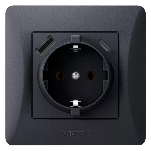 VIDEX BINERA Розетка одинарна із заземленням з USB+USB-C чорний графіт