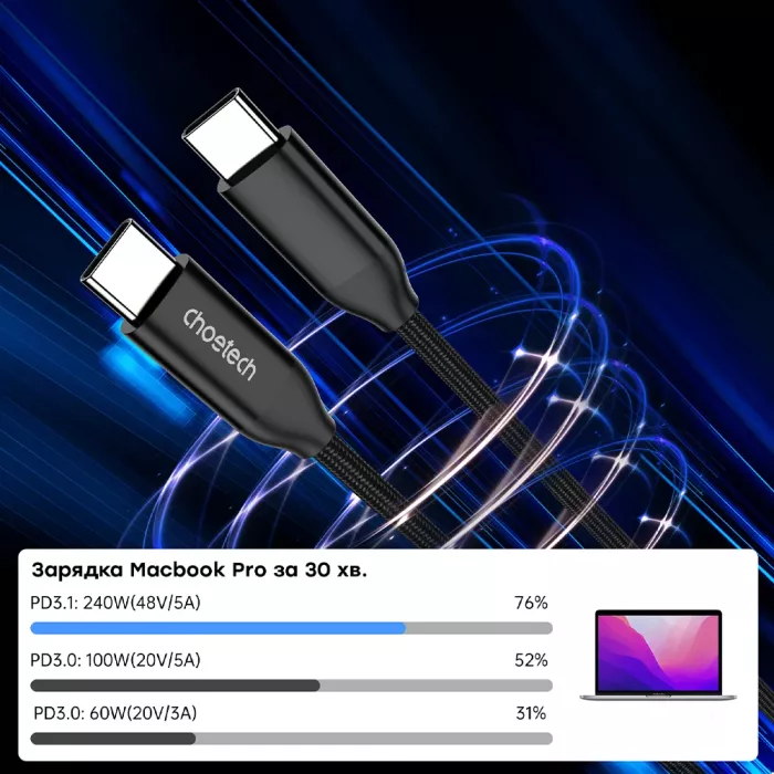 Choetech XCC-1036 2м Black USB-C to USB-C PD3.1 Кабель