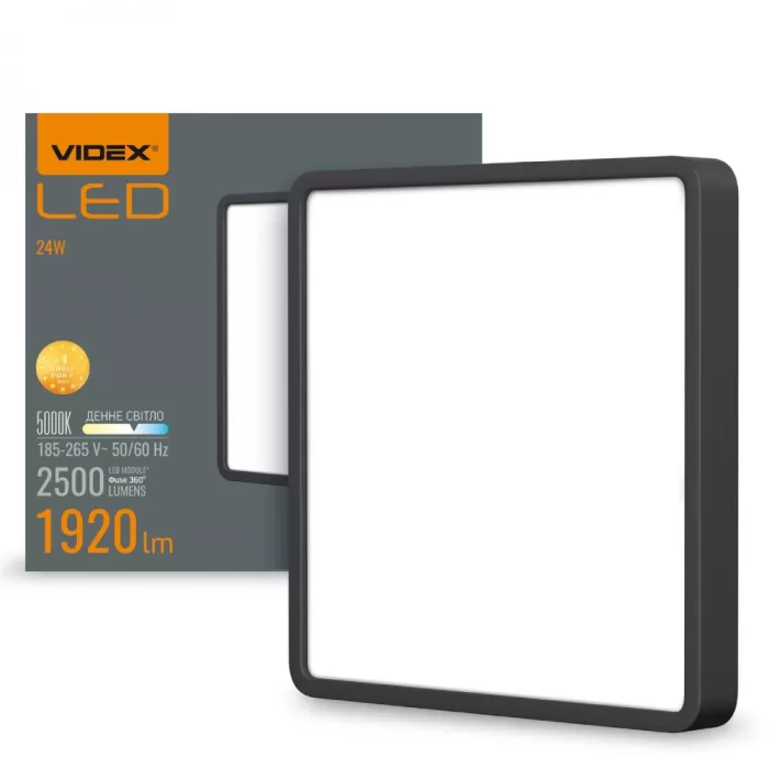VIDEX 24W 5000K 220V LED світильник накладний квадрат Black