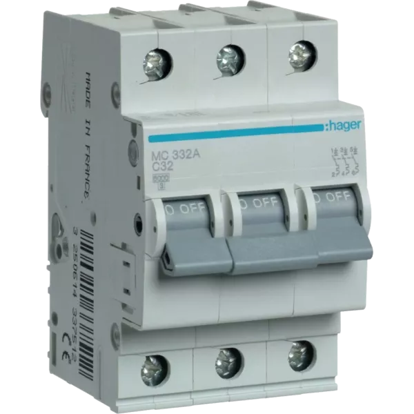 Hager In=32 А, 3п, С, 6 kA, 3м MC332A Автоматичний вимикач