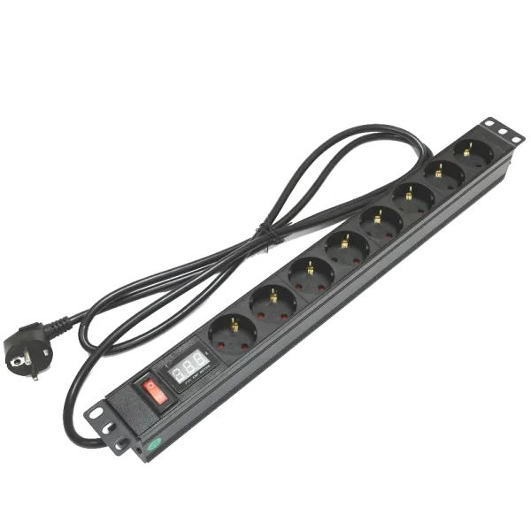 Kingda Блок 19" на 8 роз. нім. станд., 16А, 1U, з вимикачем та амперметром