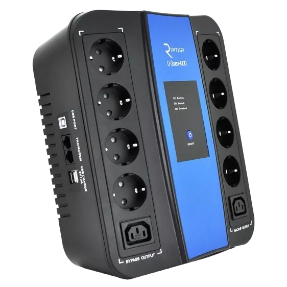 Ritar U-Smart-1000 600 Вт AVR 8xSCHUKO RJ45 Джерело безперебійного живлення