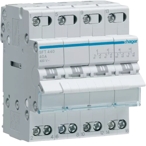 Hager SFT440 Перемикач I-0-II з загальним виходом зверху, 4-пол., 40А/400В