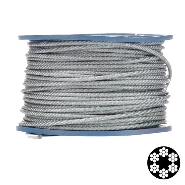 APRO 6мм (5+1мм) DIN 3055 (6x7 + FC) бухта 100м в ПВХ обплетенні оцинкований Трос