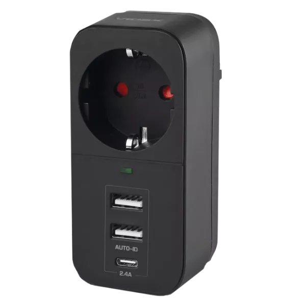 VIDEX ONCORD з/з 1п 2.4A 2USB+USB-C Black Мережевий адаптер з заземленням