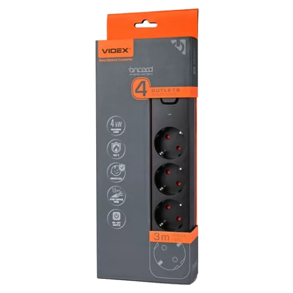 VIDEX ONCORD з/з 4п 3м (3x1.5мм) Мережевий подовжувач з кнопкою Black
