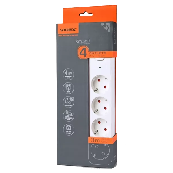 VIDEX ONCORD з/з 4п 3м (3x1.5мм) Мережевий подовжувач з кнопкою White
