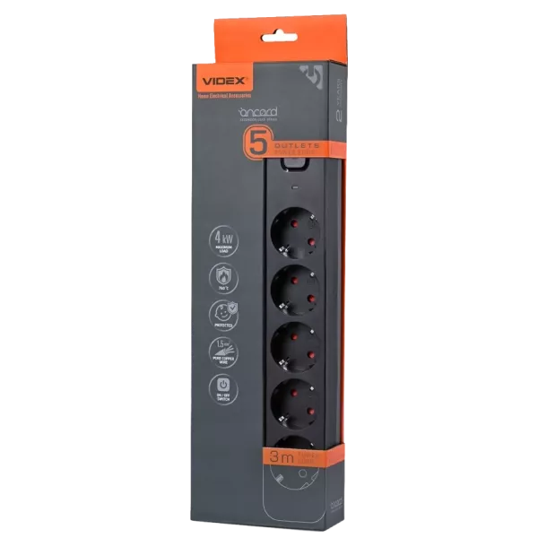 VIDEX ONCORD з/з 5п 3м (3x1.5мм) Мережевий подовжувач з кнопкою Black