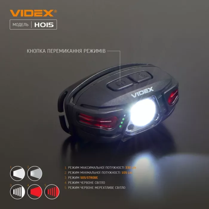 VIDEX VLF-H015 330Lm 5000K Налобний світлодіодний ліхтарик