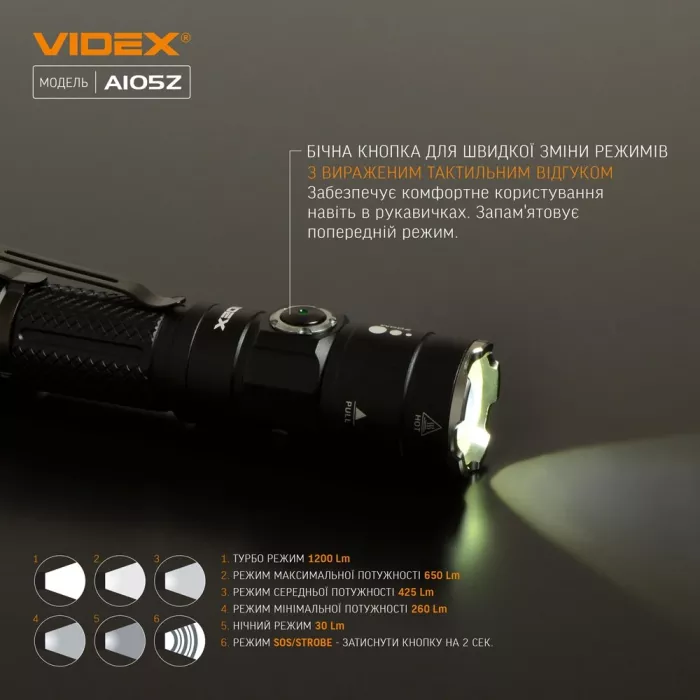 VIDEX VLF-A105Z 1200Lm 5000K Портативный светодиодный фонарик