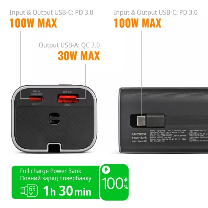 VIDEX VPB-366 PD100Вт 20000мА•ч Повербанк